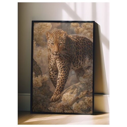 Wallxpert uramljena slika 115254, leopard na steni među zlatnim cvetovima, 30 x 40 cm, crni ram Slike