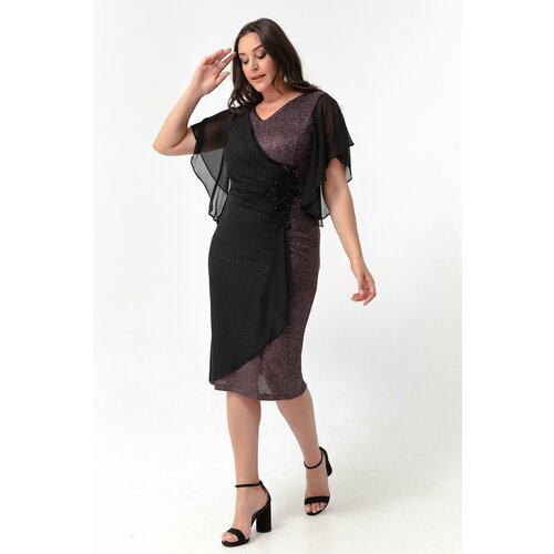 Lafaba Women's Brown Short Sleeve Glittery Plus Size Evening Dress. Slike