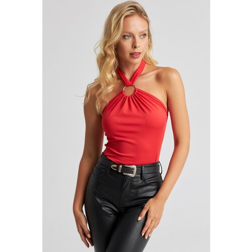 Cool & Sexy Women's Red Neck Tie Ring Crop Blouse Slike