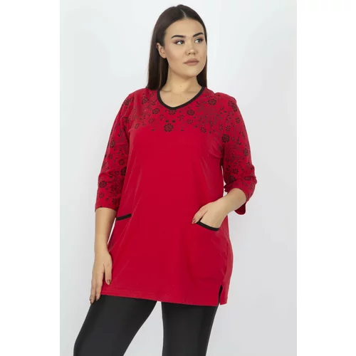 Şans Women's Plus Size Red Cotton Fabric Pocket Detail Blouse