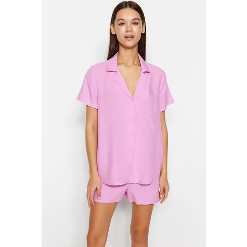 Trendyol Light Pink Viscose Shirt-Shorts Woven Pajama Set
