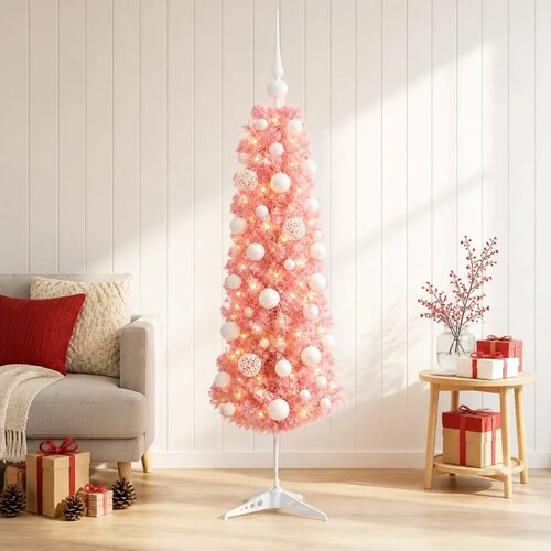  Umjetno usko božićno drvce s kuglicom 120 cm 150 LED lampica - 120 cm s LED žaruljama i bijelim kuglicama Slike
