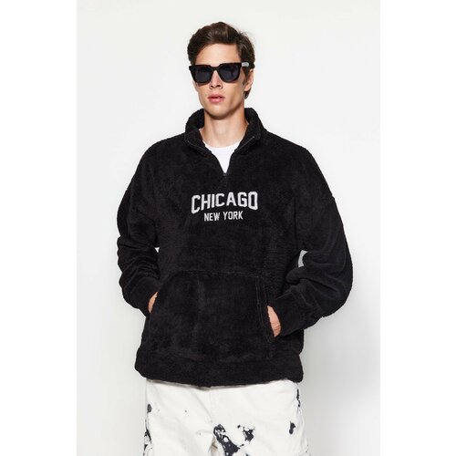 Trendyol Black Men's Oversize/Wide-Fit Zippered Stand Collar City Embroidery Thick Fleece/Plush Sweatshirt. Slike
