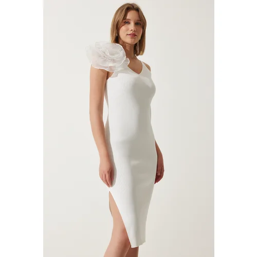  women's White Floral Strap Wrap Ribbed Knitted Dress