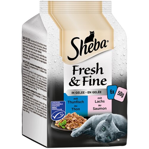 Sheba Multi pakiranje Fresh &amp;amp; Fine vrečke 6 x 50 g - Tuna &amp;amp; losos v želeju Slike