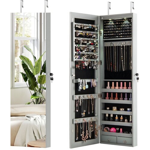 Costway Omarica za nakit z ogledalom in LED Toaletni pribor 35,5 x 10 x 120 cm, (5000399759) Slike