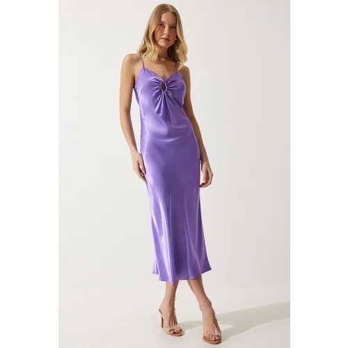  Women's Purple Window Detailed Satin Dress