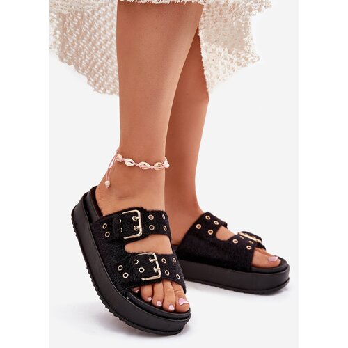 Boto Ladies Sandals With Golden Buckles On Platform Black Virvania Slike