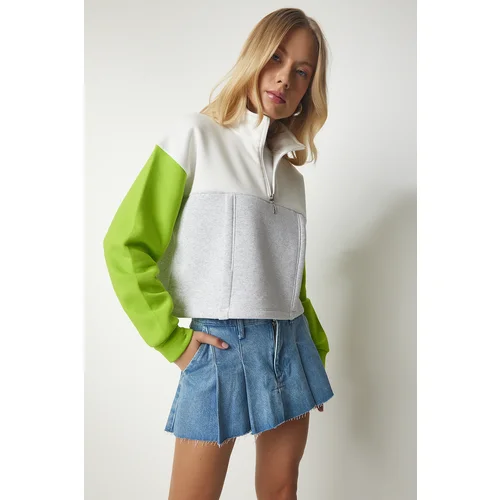  Women's Gray Light Green Zippered Collar Rayon Knitted Crop Sweatshirt