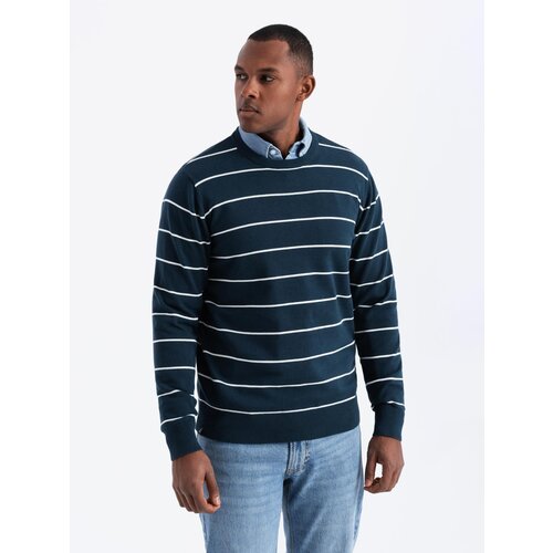 Ombre Casual men's sweater with horizontal stripes - navy blue Cene