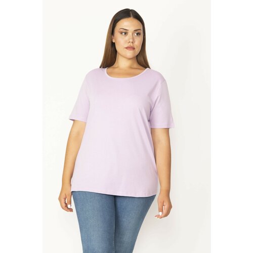 Şans Women's Plus Size Lilac Cotton Fabric Crew Neck Short Sleeve Blouse Slike
