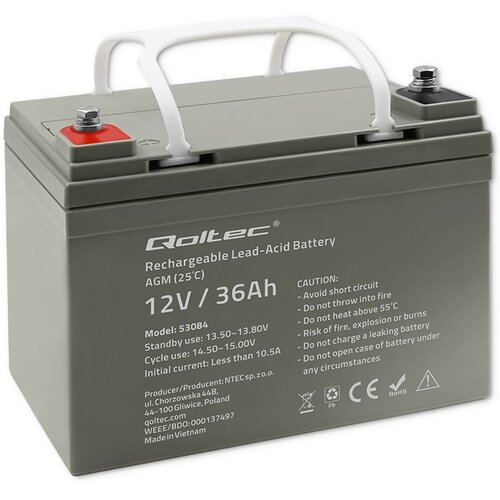 Qoltec Akumulator AGM | 12V | 36Ah | Bezobsługowy | Wydajny | LongLife | do UPS, skutera Slike