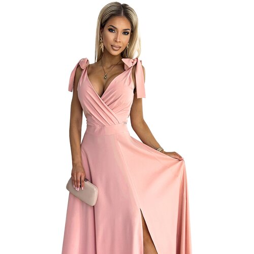 Numoco long dress with neckline and tie at the shoulders Slike