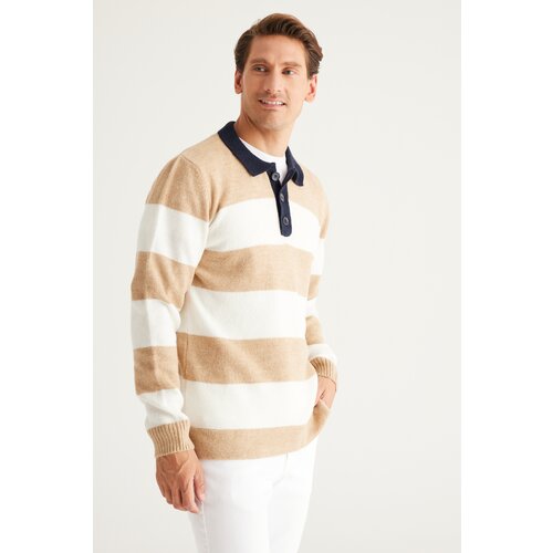 AC&Co / Altınyıldız Classics Men's Milky Brown-ecru Standard Fit Regular Cut Polo Neck Striped Knitwear Sweater. Slike