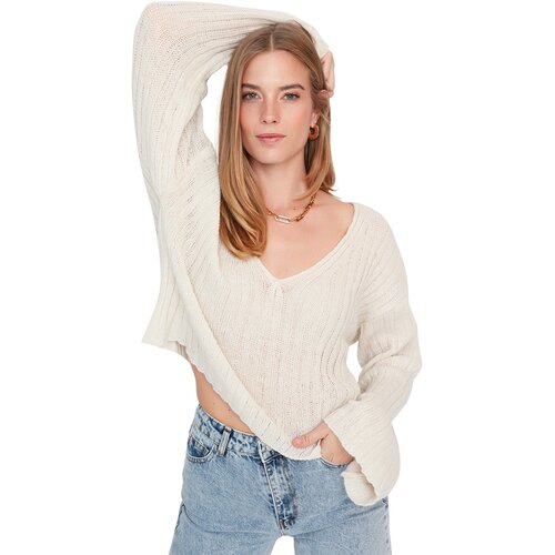 Trendyol Stone Crop Wool Corded Oversize Knitwear Sweater Slike