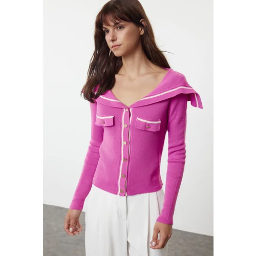 Trendyol Pink Color Block Turn-down Collar Knitwear Cardigan