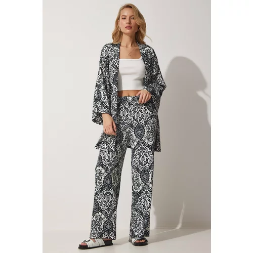 Happiness İstanbul Women's Black and White Patterned Summer Kimono Pants Knitted Suit