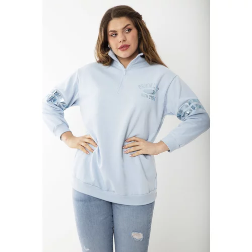 Şans Women's Plus Size Blue Paw Zipper Lacquer Printed Two Thread Sweatshirt