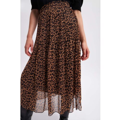 Gusto Leopard Patterned Pleated Skirt - Camel Cene