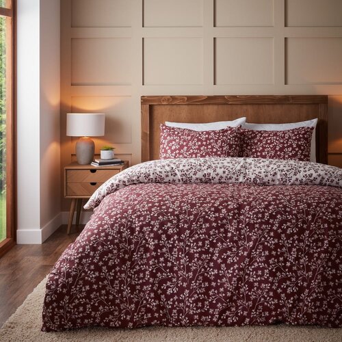 Catherine Lansfield Rdeča flanelna posteljnina za zakonsko posteljo 200x200 cm Grace Floral Leaf – Cene