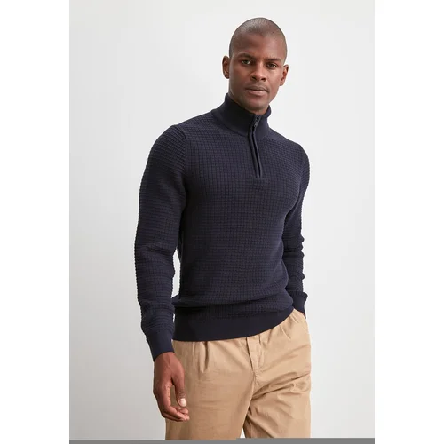 Trendyol Navy Blue Men's Half Turtleneck Zipper Textured Sweater