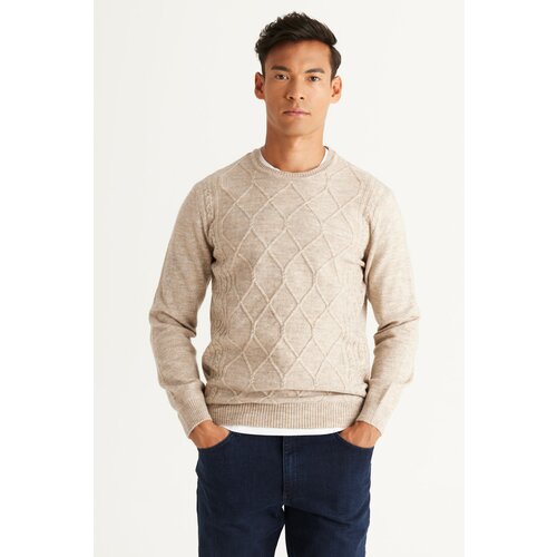 ALTINYILDIZ CLASSICS Men's Beige Melange Standard Fit Normal Cut Crew Neck Braided Knitwear Sweater. Slike