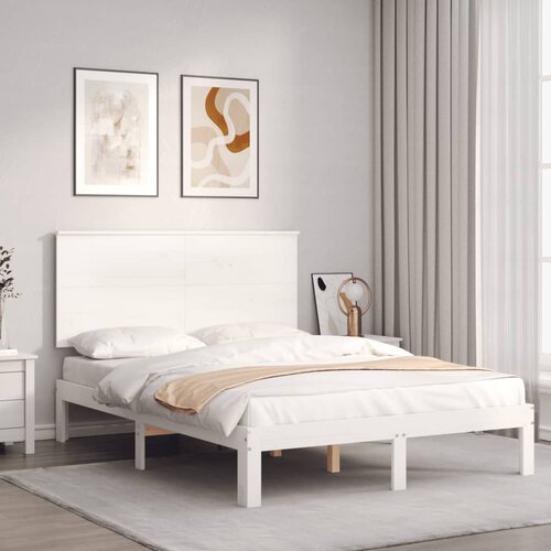 The Living Store Posteljni okvir z vzglavjem bel 140x190 cm trden les - Posteljni Okvir, (21529229) Slike