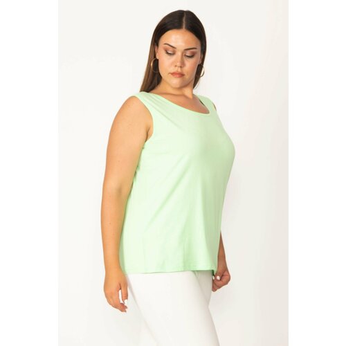 Şans Women's Plus Size Green Cotton Fabric Crew Neck Sleeveless Blouse Slike