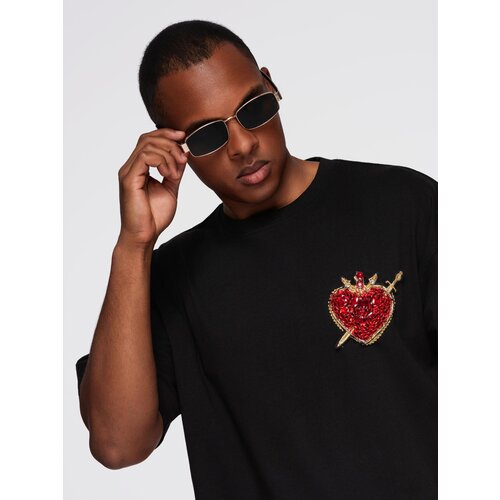 Ombre Men&amp;#039;s cotton T-shirt with jewelry applique on chest - black Slike