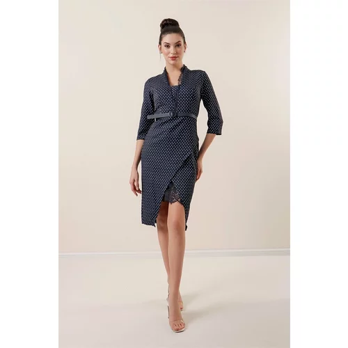 By Saygı Navy Blue Crepe Satin Dress with Lace Detail Lined and Spotted Belt at the Waist.