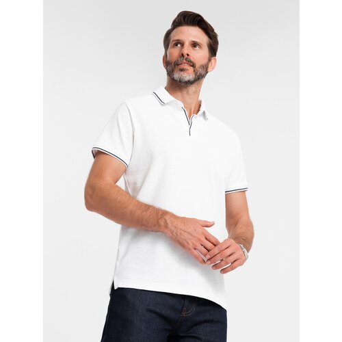 Ombre Men's pique knit polo shirt without buttons - white Cene