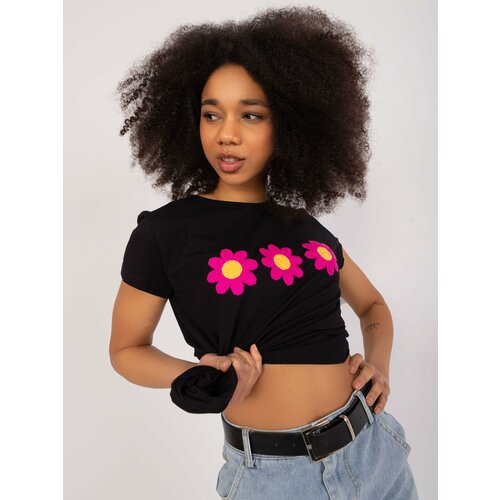 Fashion Hunters Black T-shirt with floral embroidery BASIC FEEL GOOD Slike