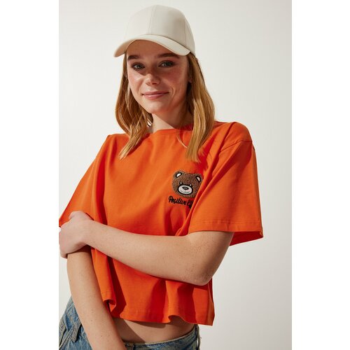 Happiness İstanbul Women's Orange Teddy Bear Crest Crop Knitted T-Shirt Slike