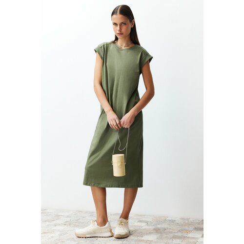 Trendyol Khaki 100% Cotton Moon Sleeve Shift/Comfortable Cut Midi Knitted Midi Dress Slike
