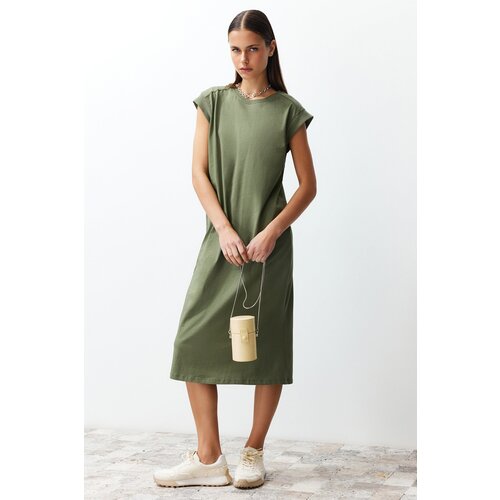 Trendyol Khaki 100% Cotton Moon Sleeve Shift/Comfortable Cut Midi Knitted Midi Dress Cene