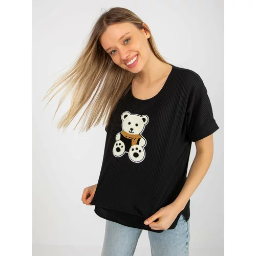 Fashion Hunters Black ribbed oversize blouse with teddy bear