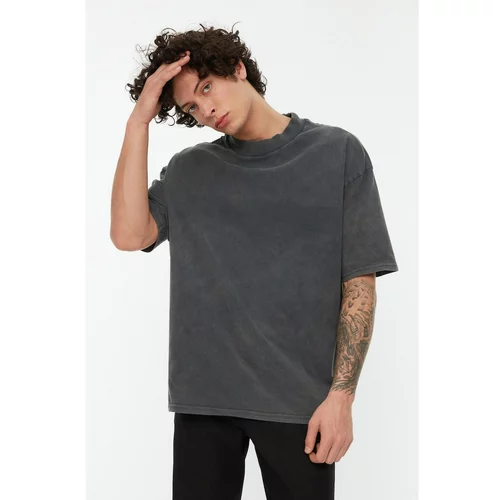 Trendyol Anthracite Men's Half Turtle Neck Relaxed Fit 100% Cotton Short Sleeved T-Shirt