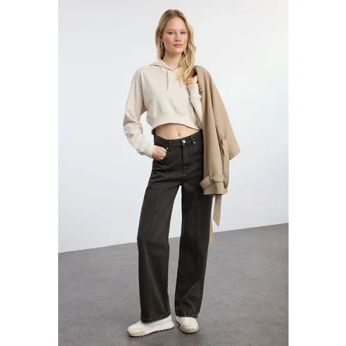 Trendyol Brown Faded Effect Vintage Stitch Detail High Waist Wide Leg Jeans