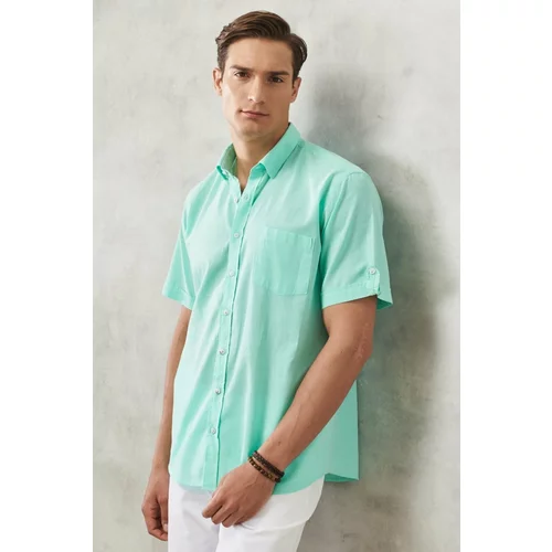 AC&Co / Altınyıldız Classics Men's Mint Comfort Fit Button-down Collar Linen Look 100% Cotton Flamed Short Sleeve Shirt.