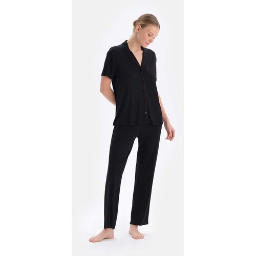 Dagi Black Embroidery Detailed Viscose Shirt Trousers Pajamas Set Slike