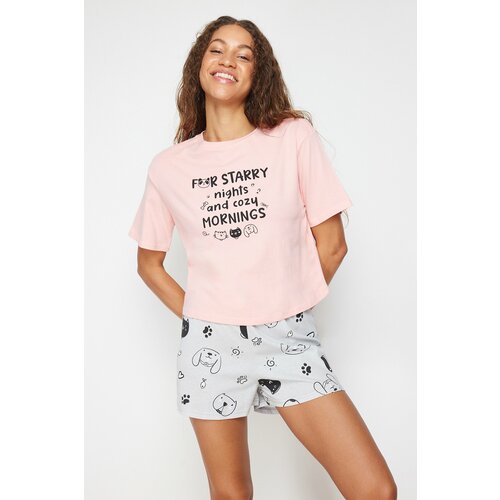 Trendyol Pink-Grey 100% Cotton Motto Printed Knitted Pajamas Set Cene