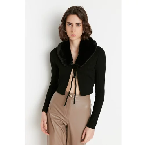 Trendyol Black Fur Collar Detailed Knitwear Cardigan