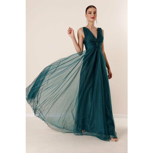 By Saygı V-Neck Low-Collecture Draped Front Long Tulle Dress with Linen Emerald Cene