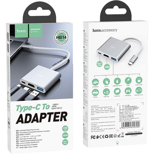 Hoco. Konverter USB HUB type C to USB3.0/HDMI/PD - HB14 Easy use Slike