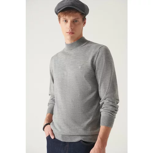 Avva Men's Gray Half Turtleneck Wool Blended Standard Fit Normal Cut Knitwear Sweater