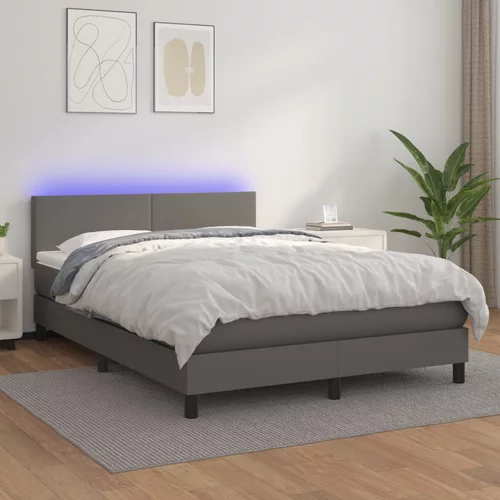 vidaXL Box spring postelja z vzmetnico LED siva 140x190cm umetno usnje