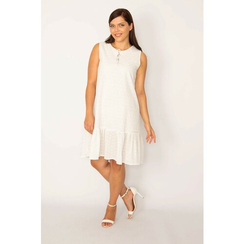 Şans Women's Plus Size White Embroidered Fabric Lined Dress Slike