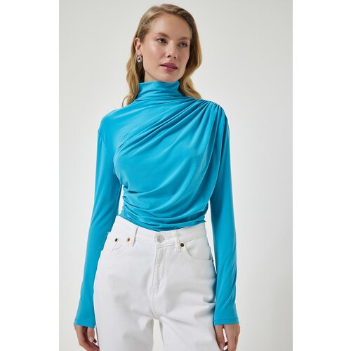 Happiness İstanbul Women's Turquoise Gathered Detailed High Neck Sandy Blouse Slike
