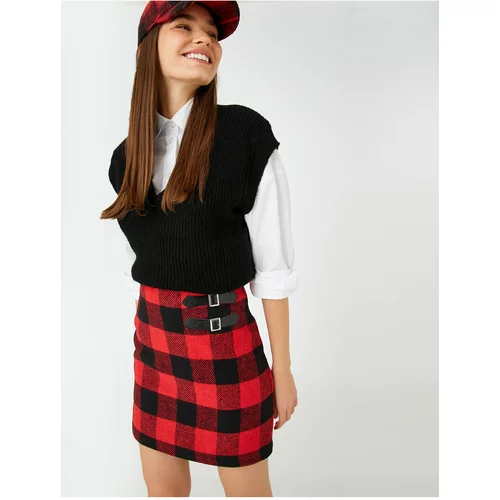 Koton Checkered Mini Skirt With Double Buckle Detail Zipper.