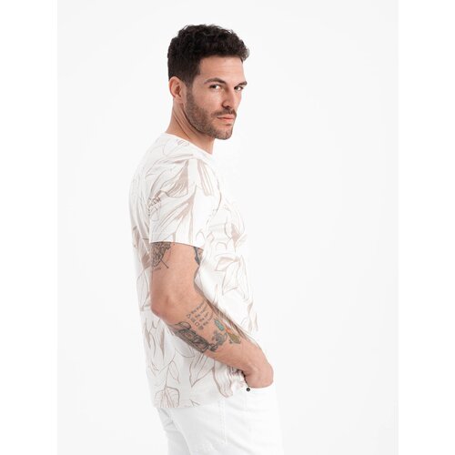 Ombre Men&amp;#039;s full-print t-shirt in contrasting leaves - light beige Slike